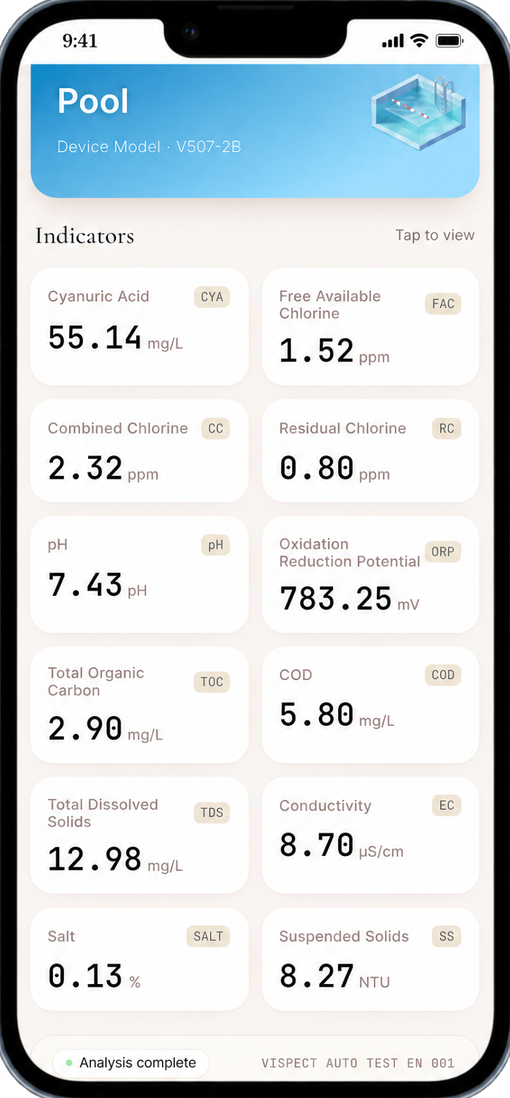 Vispect AI pool indicators readout on iPhone