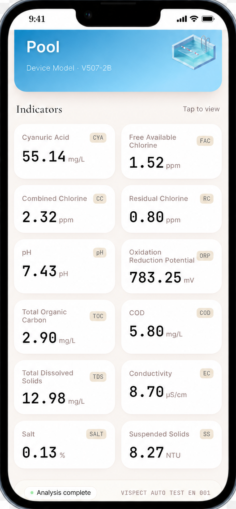 Vispect AI pool indicators readout on iPhone
